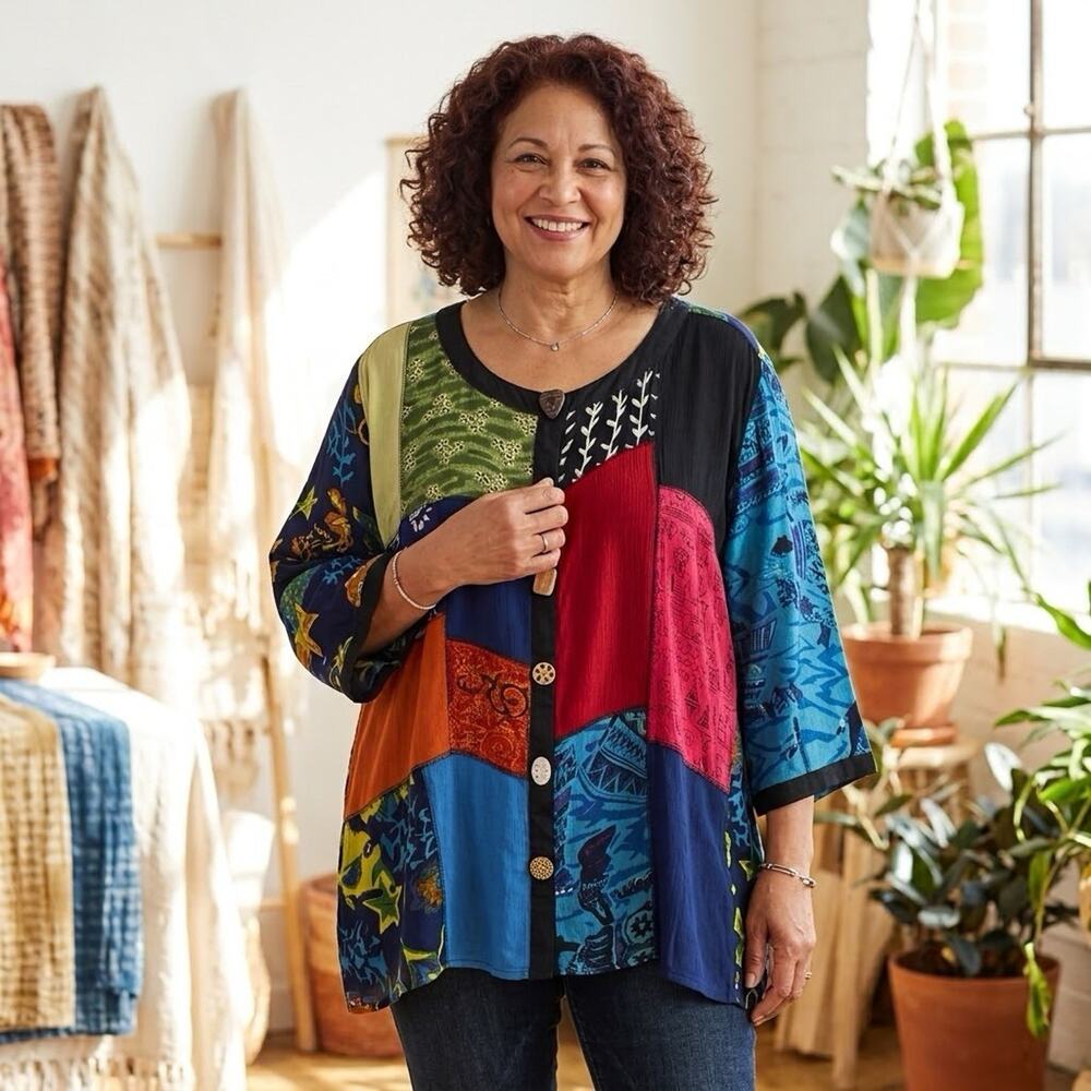 La Cera Patchwork Rayon Tunic Top 2X Multicolor Button NWT Artsy Boho Lagenlook